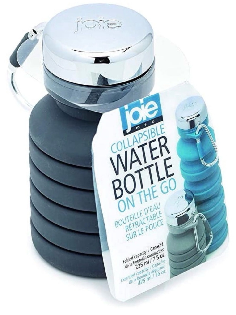 Joie Silicone Collapsible Water Bottle with Chrome Cap, Dusty Blue, Carabiner